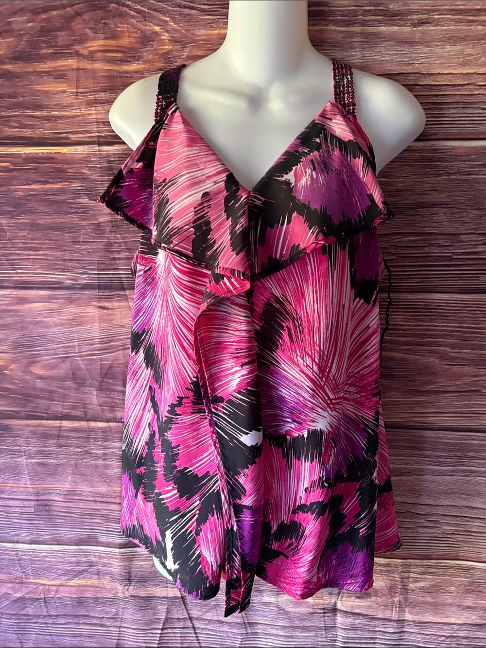 Elle Pink & Black Ruffle Print Camisole with Beaded Straps